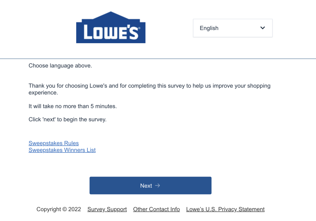 Lowe's survey page
